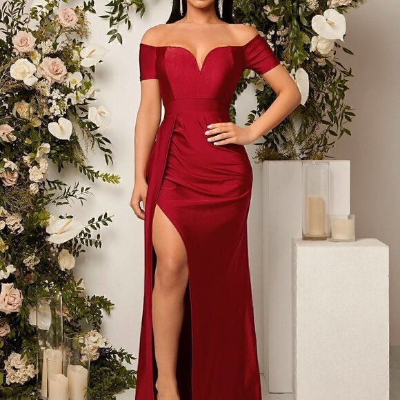 Red Preppy Womens Off Shoulder Ruched Split Thigh Dress - Picture 5 of 5